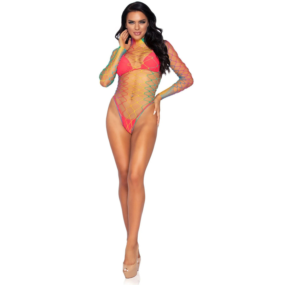Leg Avenue - High Neck Fence Net Bodysuit - Snap Crotch Thong - Rainbow